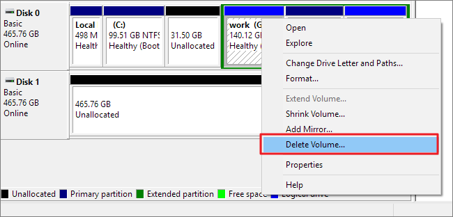 delete volume in disk management