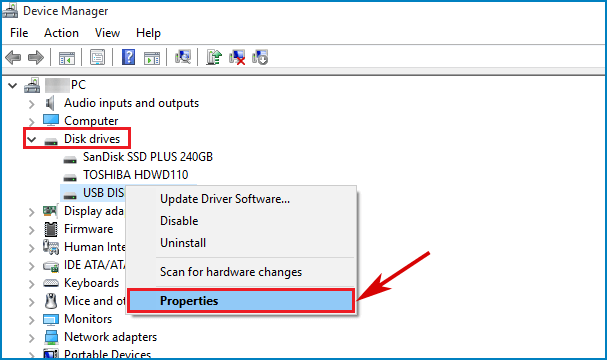 Right click usb drive properties in device manager