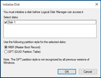 Initialize disk in disk management