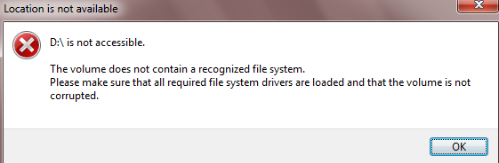 the volume does not contain a recognized file system error