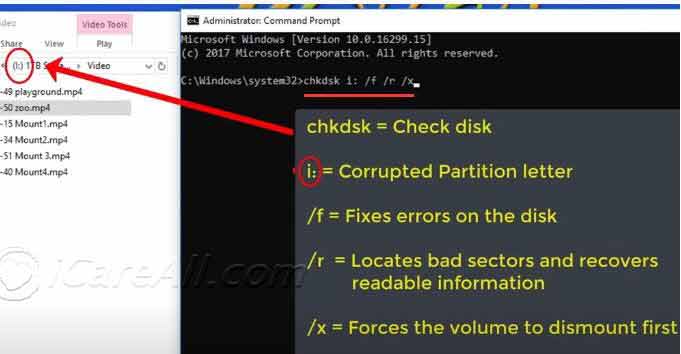 repair cf card with chkdsk /f/r/x