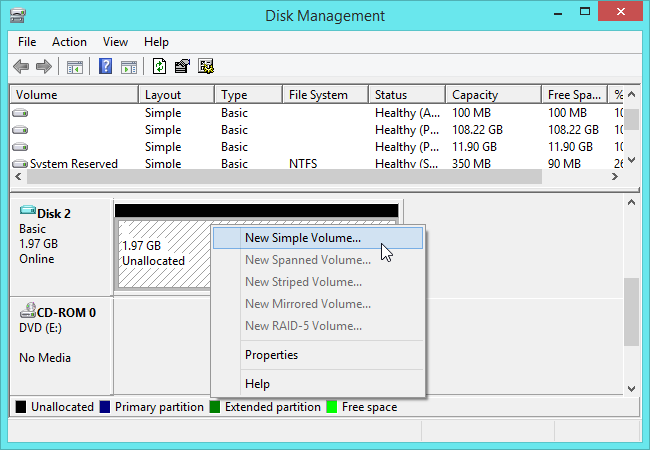 Create partition for sd card in disk management