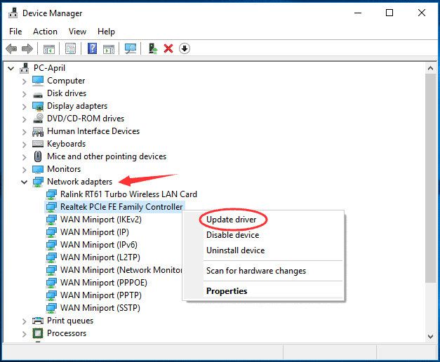 device manager network adapters