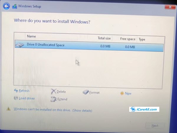 disk 0mb when installing windows