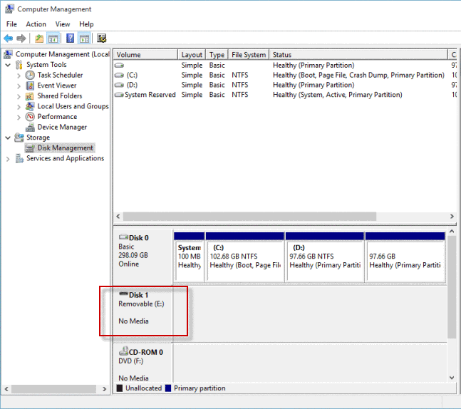 Sandisk pen drive shows no media in disk management