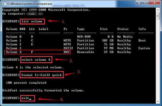 to format fs=fat32 quick Diskpart or PowerShell