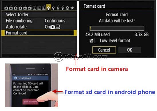 format memory card on camera or phone