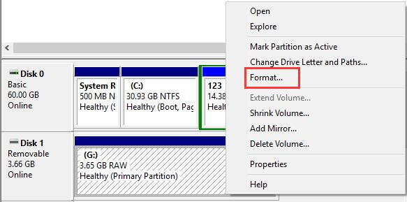 format thumb drive raw under disk management