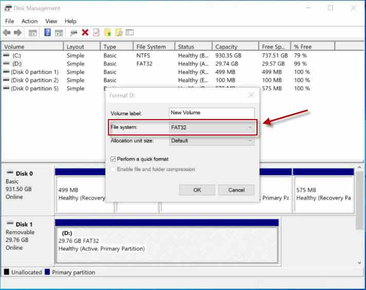 format sandisk pendrive fat32 windows 10 disk management