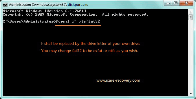 Convert raw file system to FAT32 or NTFS with CMD diskpart