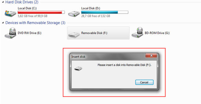 Sandisk usb drive not recognized please insert a disk into removable disk
