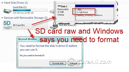 sd card raw and asks format