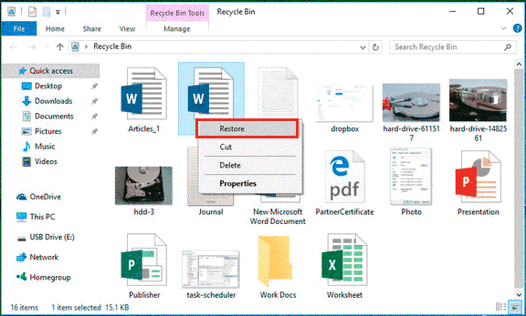 Restore deleted excel from recycle bin Windows