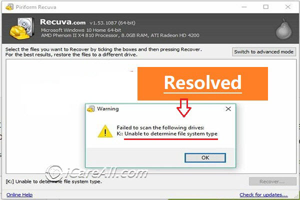 recuva unable to determine file system type