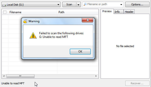 Unable to read mft recuva