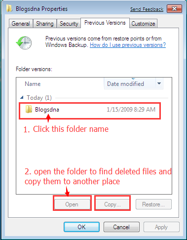 Recover deleted files using previous version