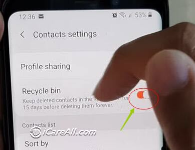 Samsung recycle bin is enabled in contacts settings