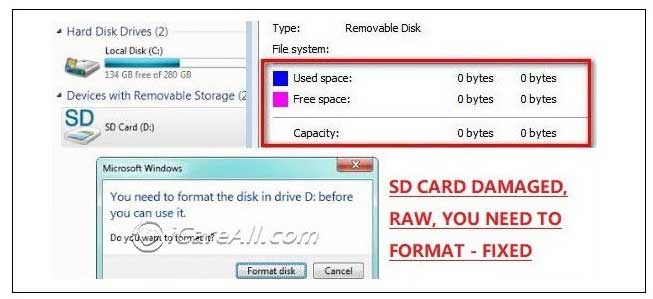 micro sd damaged raw 0 bytes